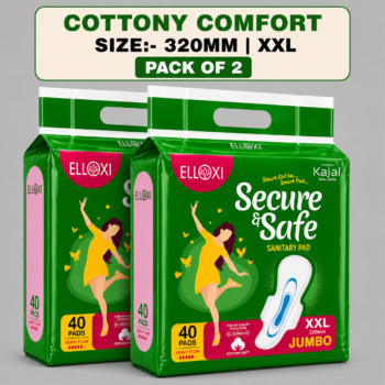 ELLOXI Secure & Safe Sanitary Pads XXL (320 mm) – Pack of 2 | 80 Pads | Heavy Flow | Cottony Soft